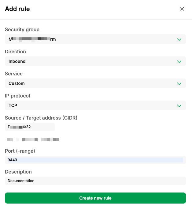 Configuration settings for adding a new security rule in a network interface.
